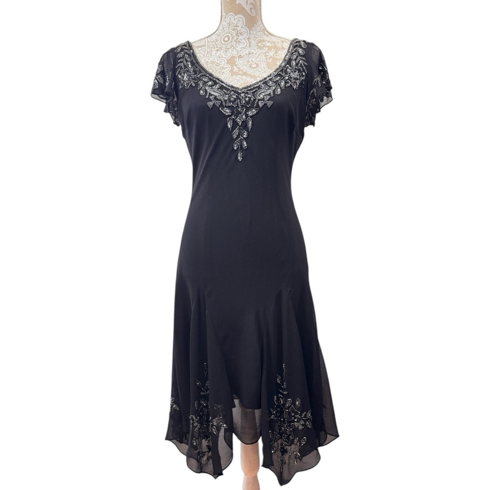 J Kara Size 10 Flutter Sleeve Hanky Hem Midi Beaded Dress Black Whimsigoth Fairy